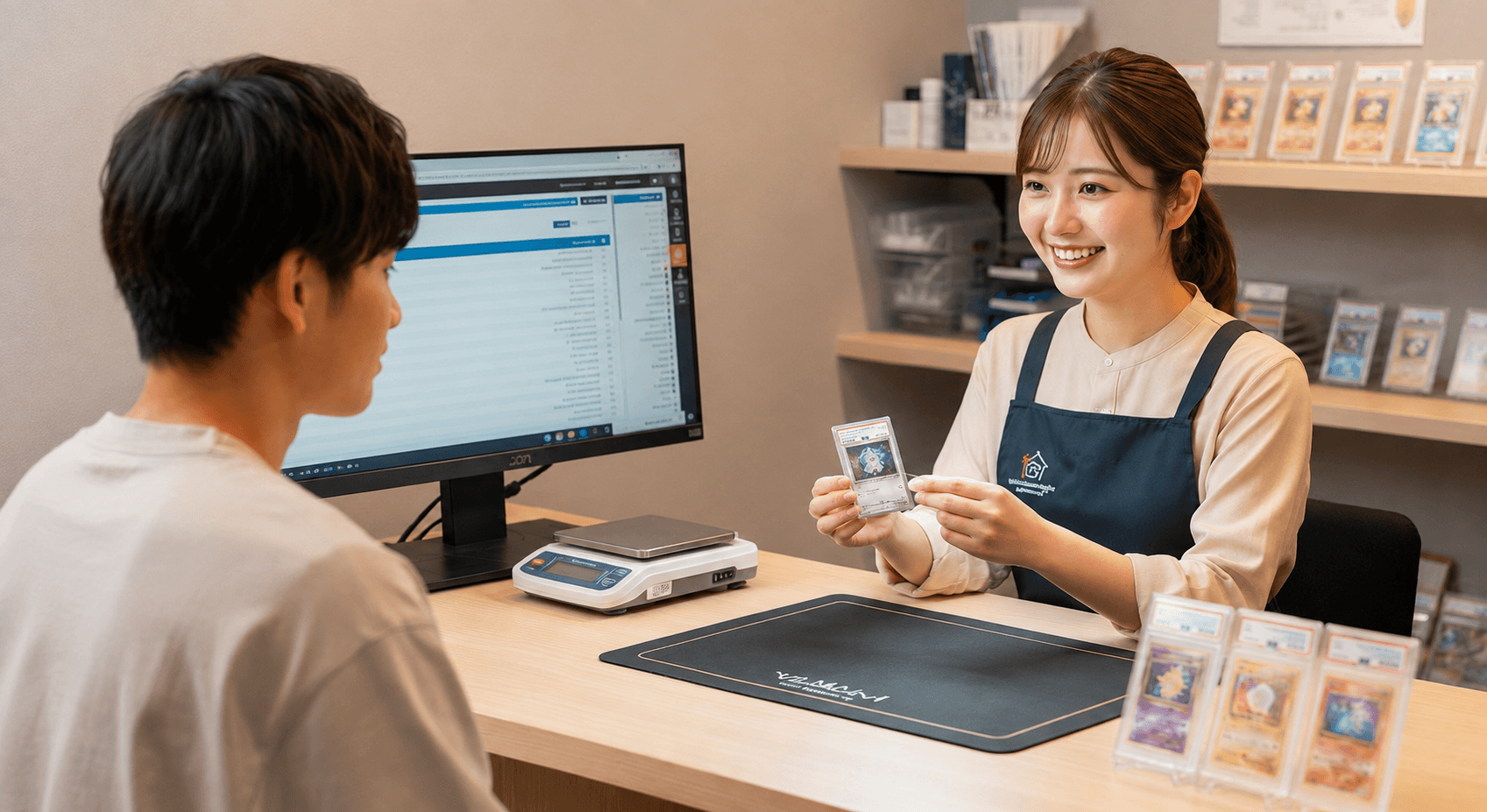 スタッフがお客様に鑑定済みカードをご案内する様子